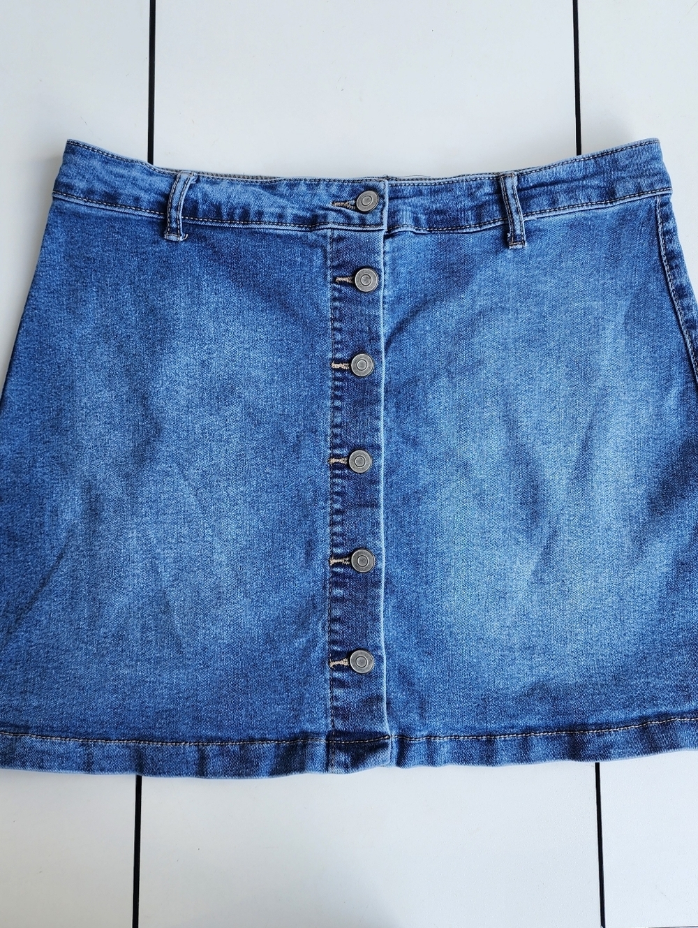 Celebrity Pink Skirt Womens Blue Button Front A-Line Mini Stretch Denim L